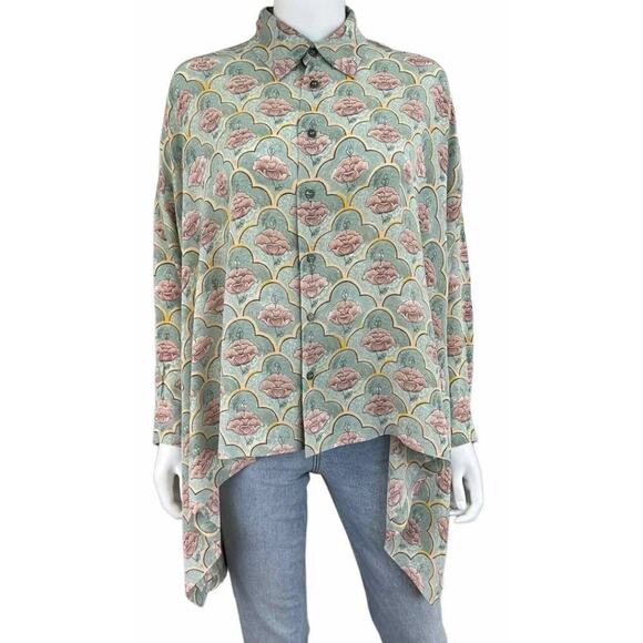 ESKANDAR 100% Silk Draping Tunic Blouse Shirt 0 Jaipur Tile Button Up Top $1200 - Picture 1 of 6